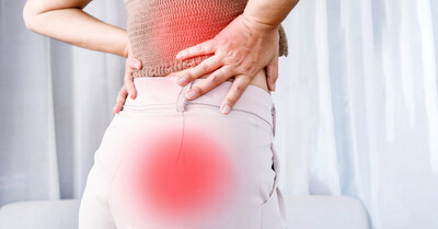Red highlights on woman's hip and back to indicate pain.